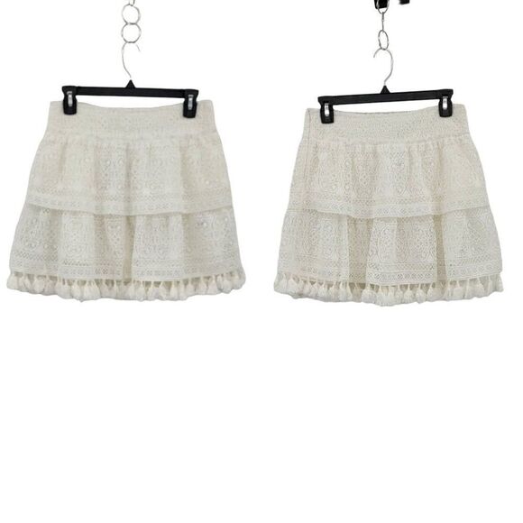 Anine Bing Skirt Mini Crochet Lace Tiered Tassel Fringe Hem Mini White XS - Picture 1 of 15